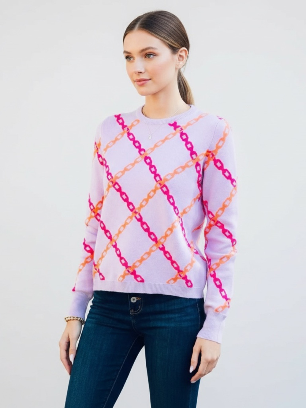 THML Lilac Purple Pink Orange Chain Link Argyle Crewneck Knit Sweater M